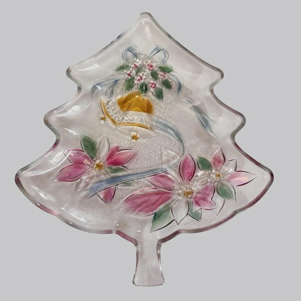 Home Beautiful Festive Holiday Christmas Tree Server Glass Tray 13.5
